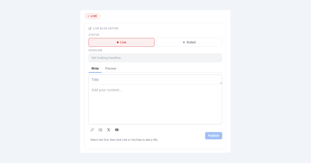 UniSignIn live blog editor for creating Google Top Stories compatible live blogs